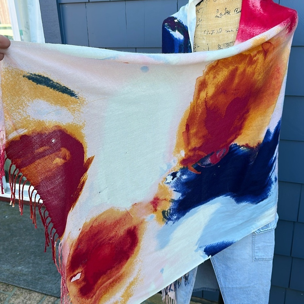 Cashmere Blend Abstract Art Scarf Blue Red And Pale Pink Drape Wrap